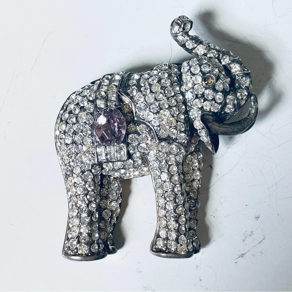 Vintage Jewelry - Vintage Rhinestone Jewels of India Style Elephant Silver Tone Brooch